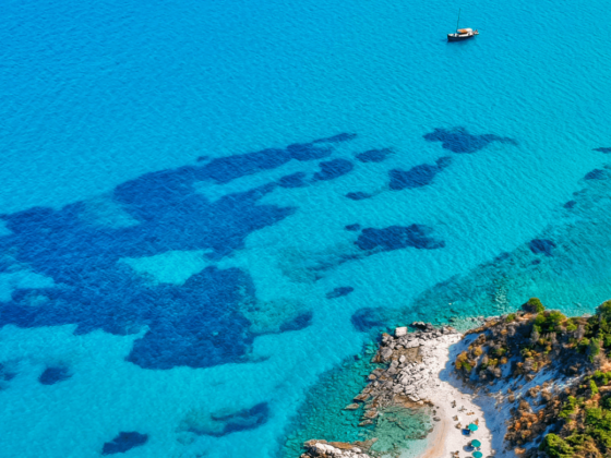 Segeltörn in den Bahamas - Segelboote auf dem türkisblauen Wasser umgeben von üppiger Natur