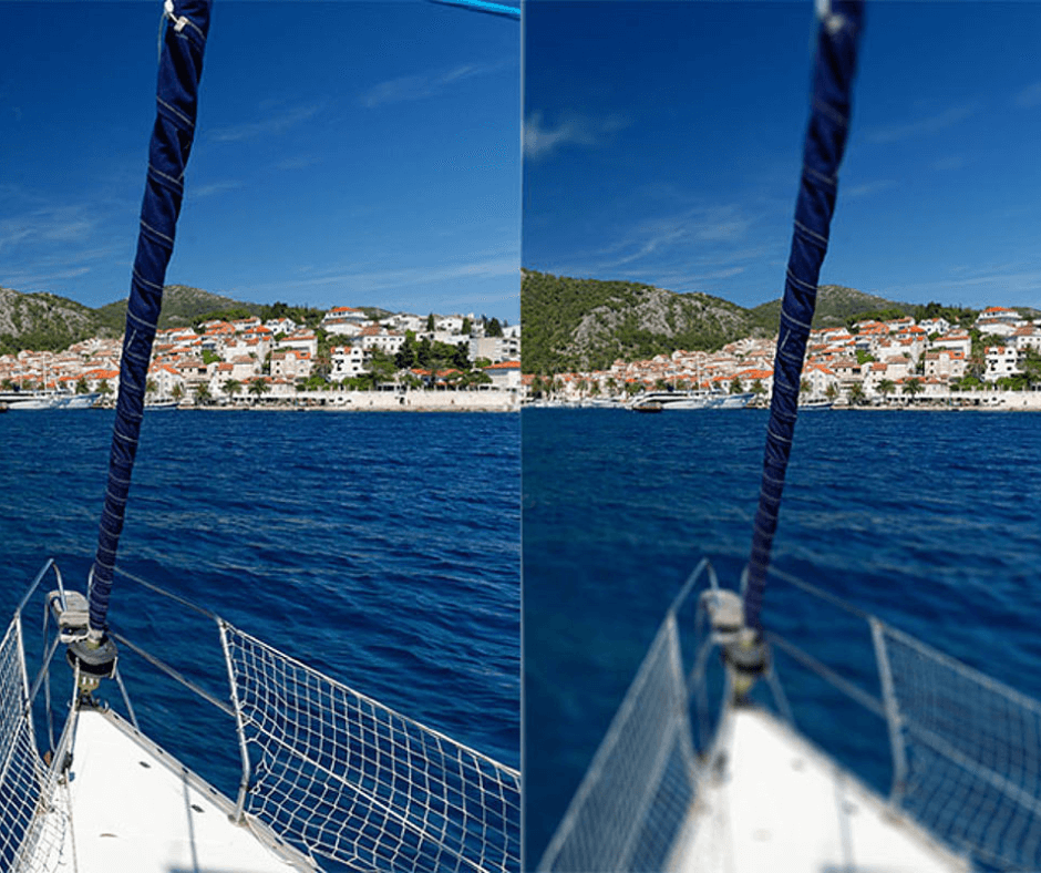 Vergleich verwackeltes Foto und normales Foto von einem Boot auf dem Meer 