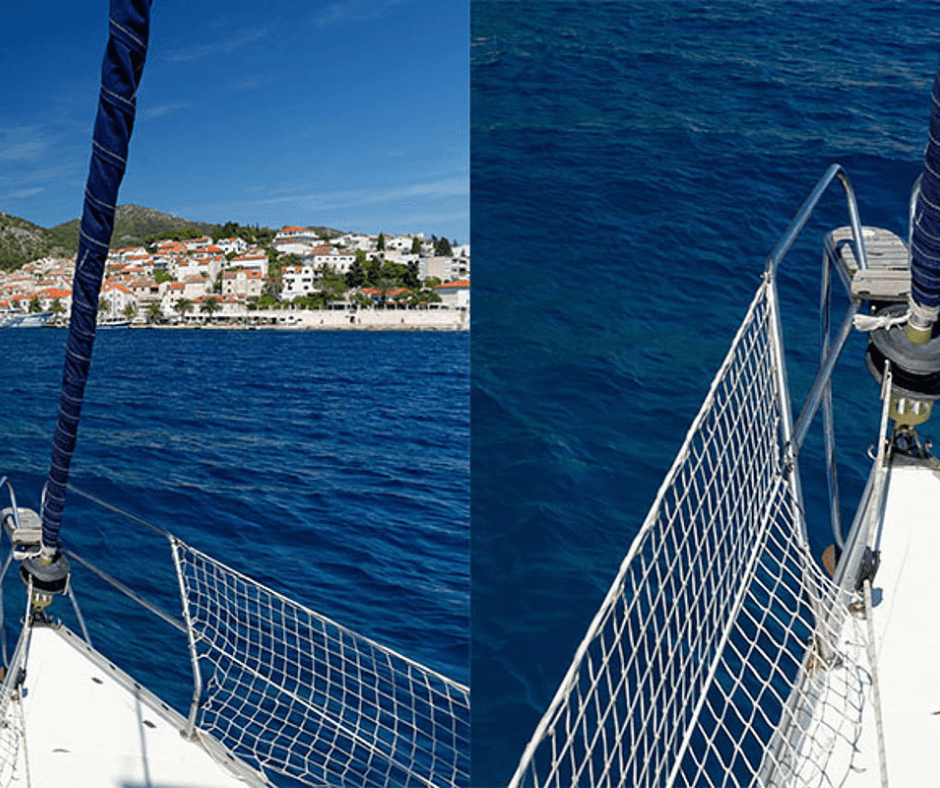 Foto vom Bord eines Segelbootes mit Meer- und Landschaftsblick