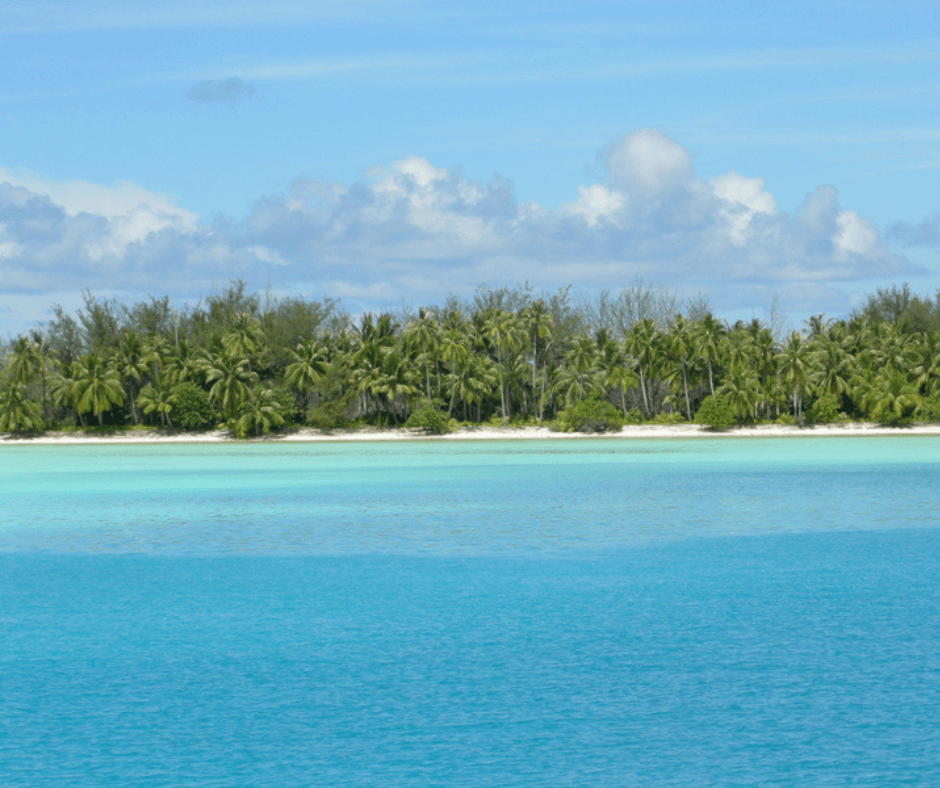 Palmen auf Huahine umgeben von türkisblaues Wasser