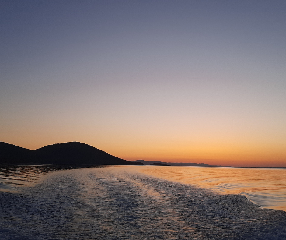 Segeltörn Mitteldalmatien, Blick auf die Insel Murter bei Sonnenuntergang vom Wasser aus 