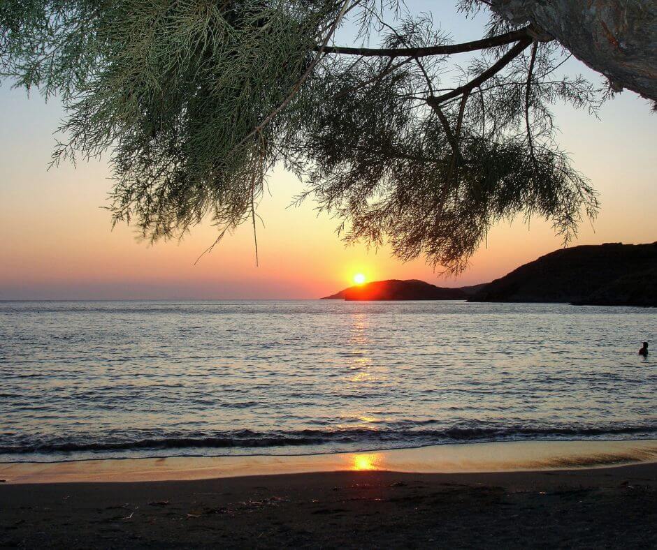 Strand von Kythnos bei Sonnenuntergang. Ein Baum sieht man über dem Strand. Im Hintergrund sieht man Berge.