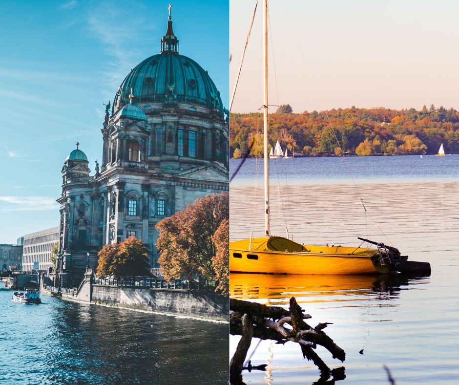 Zweigeteiltes Bild. Vergleich von Berlin mit barocker Kirche von der Spree aus und rechts ein gelbes Segelboot auf einem See.